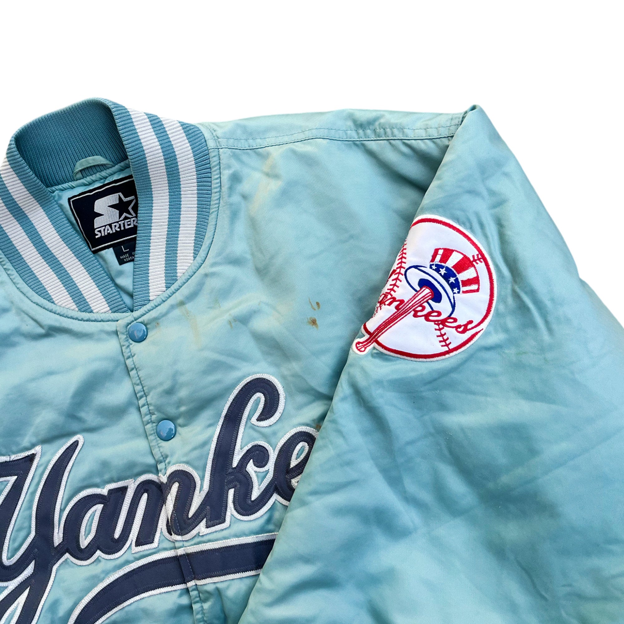 Vintage 90's Starter Yankees Baby Blue Baseball Bomber Jacket (L)